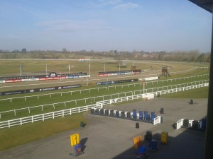 image from the stands of an emptyLingfield Park Racourse taken on a sunny spring morning